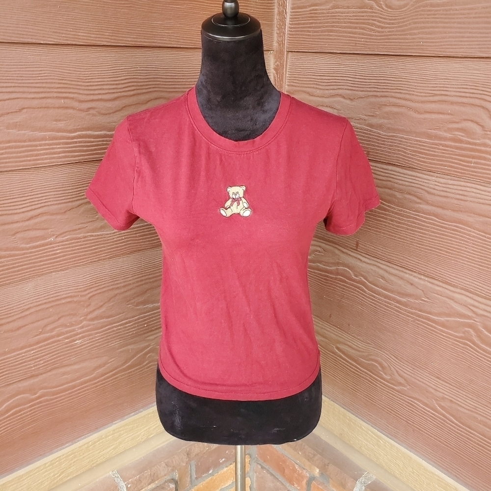 Homegirl Society Teddy Bear Embroidered Short Sleeve Crop Top Burgundy EUC
